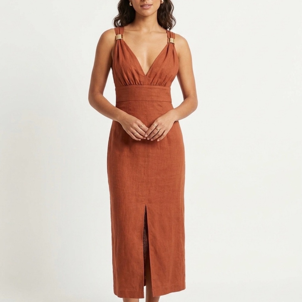 Zara Rust Sleeveless V-Neck Midi Dress with Gold Accents